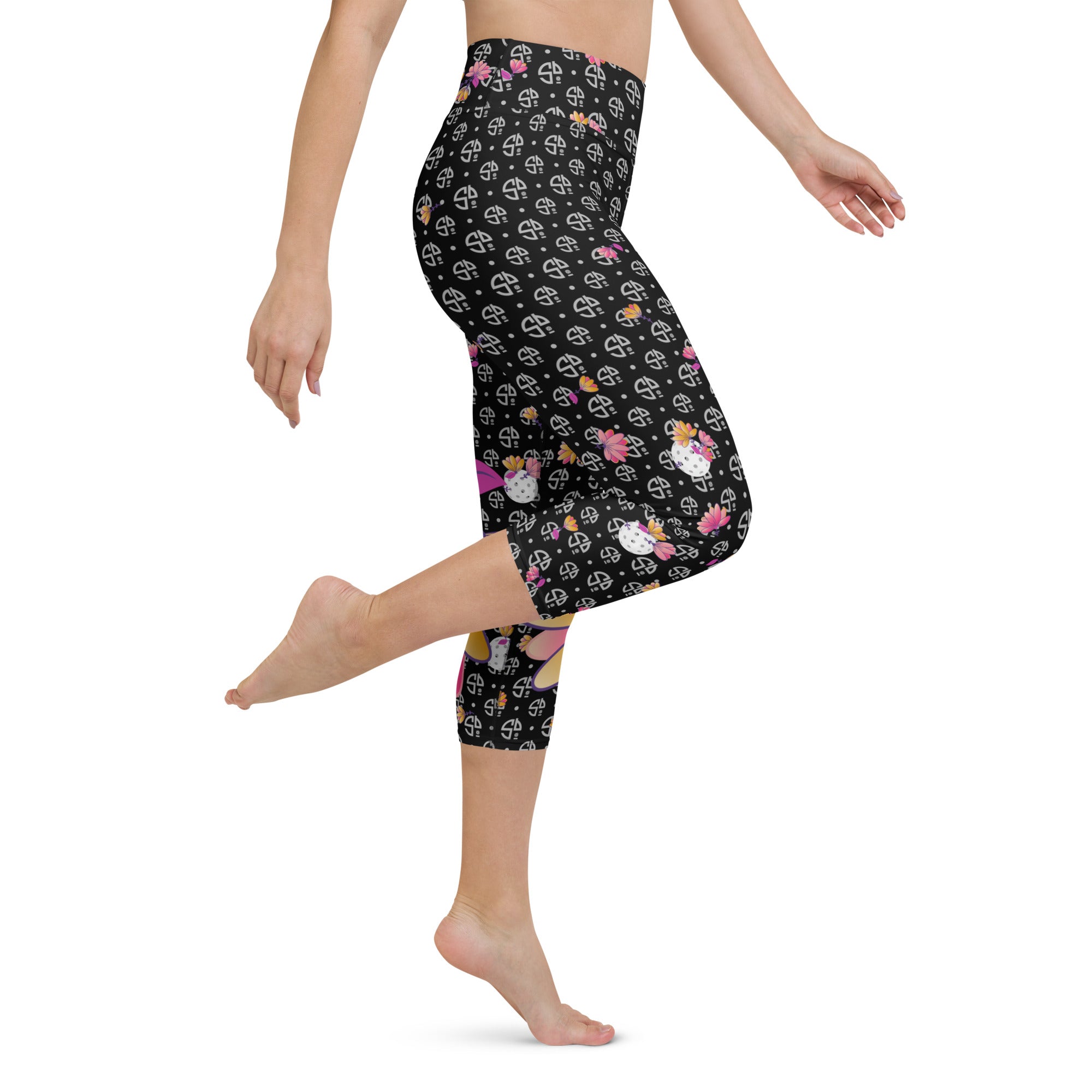 Spring Dink Gradient Logo© Black, Grey, White, Purple, Violet, & Golden Yellow Fleur Women's High-Waisted Pickleball Capris, UPF 50+