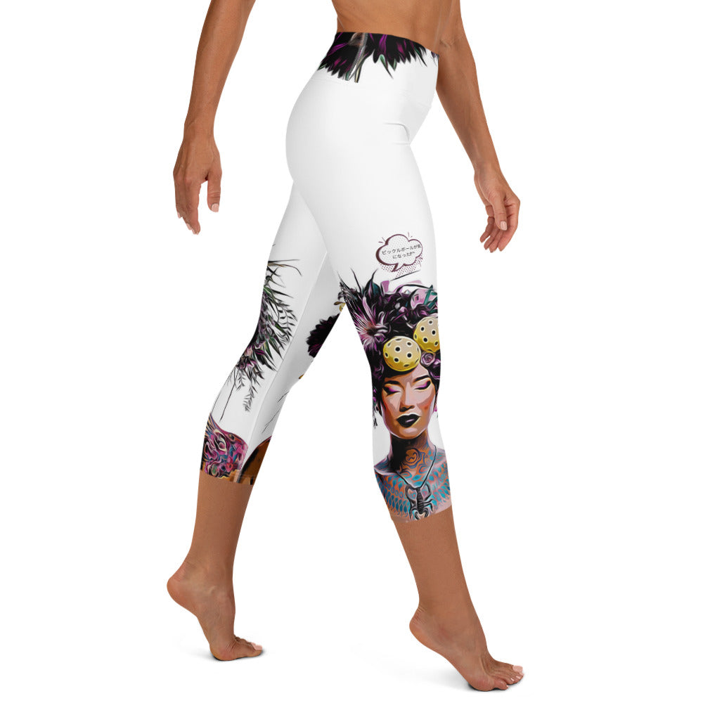 ピックルボールのことばかり考えてる！aka "Got Pickleball on My Mind!" Women's High-Waisted Performance Capris with Pop-Art Floral Design, UPF 50+ Capris UPF 50+