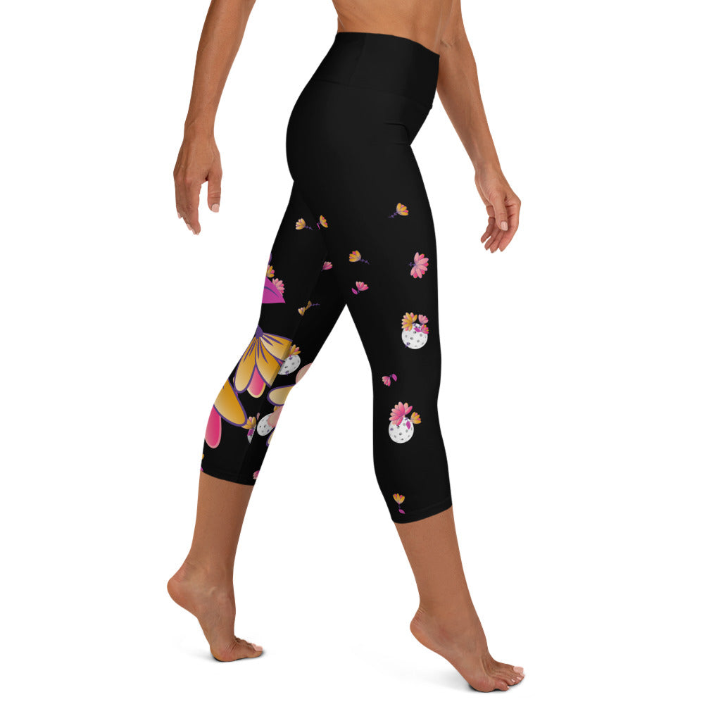 Spring Dink Gradient© Black, Grey, White, Purple, Violet, & Golden Yellow Fleur Women's High-Waisted Pickleball Capris, UPF 50+