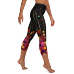 Load image into Gallery viewer, Poppy Court Noir™ Fleur Black, Red, Pink &amp; Gold Women's High-Waisted Pickleball Capris, right side view | SKYblue Pickleball
