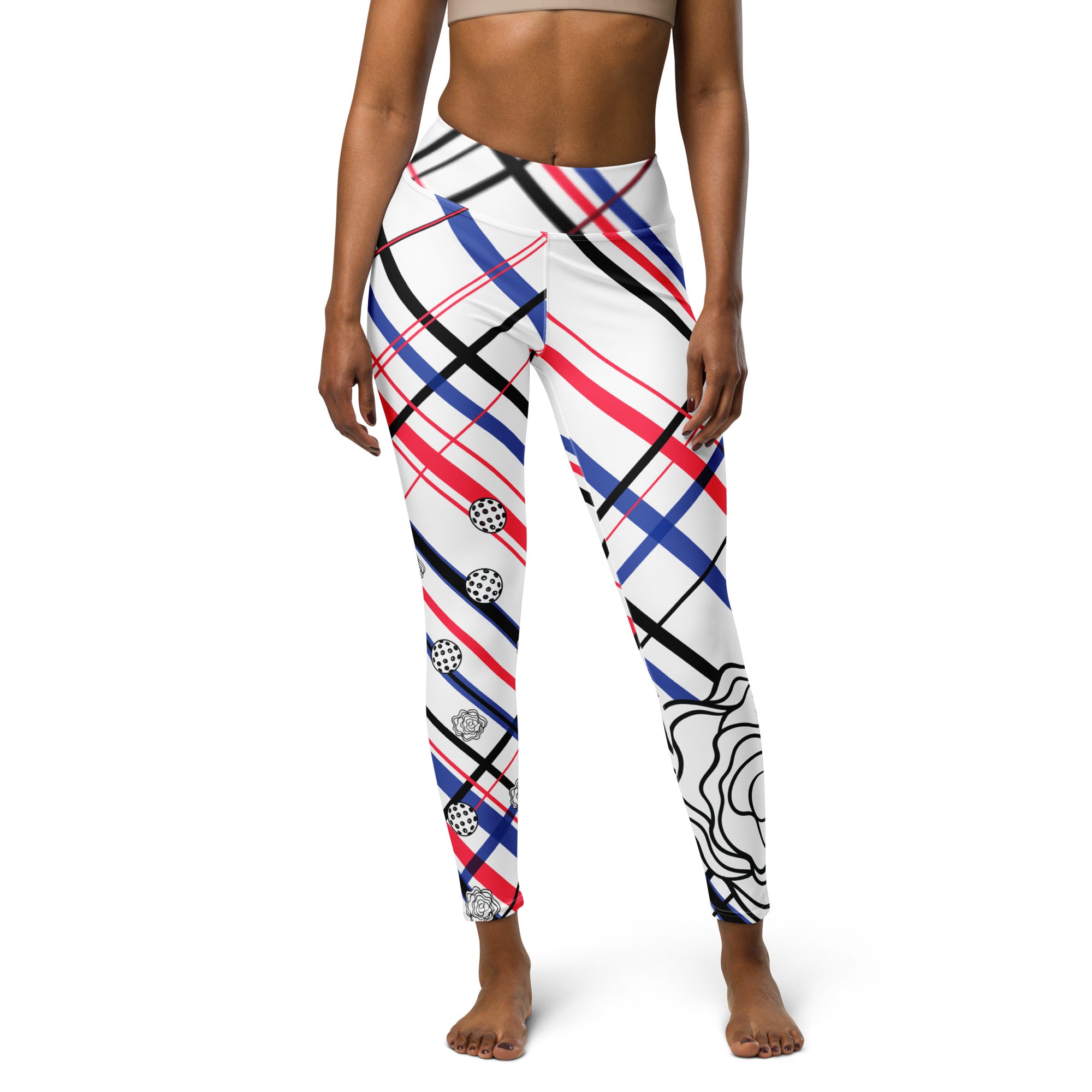 Got Pla(yed)id© Fleur Red, White & Blue Women's High-Waisted Pickleball Leggings