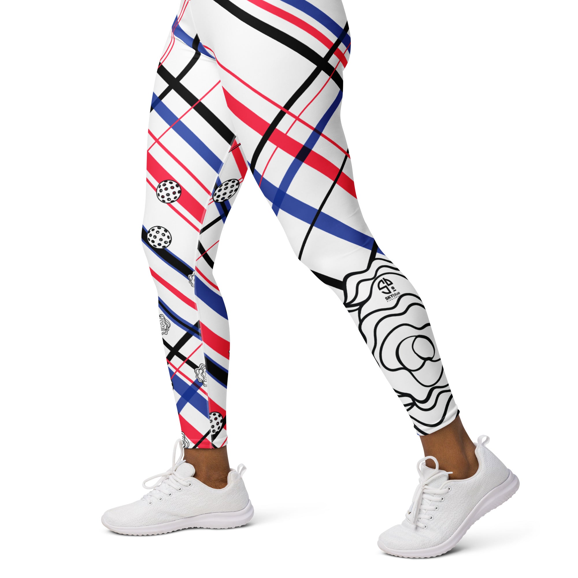 Got Pla(yed)id© Fleur Red, White & Blue Women's High-Waisted Pickleball Leggings