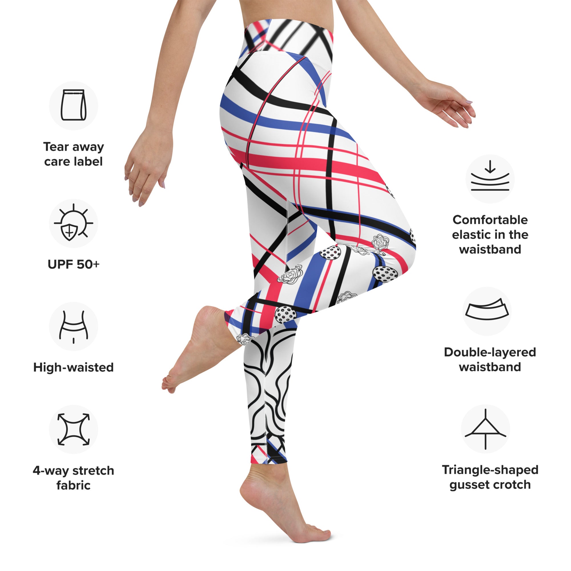 Got Pla(yed)id© Fleur Red, White & Blue Women's High-Waisted Pickleball Leggings