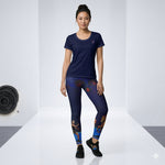 Load image into Gallery viewer, Woman wearing Lunar Legends Year of the Horse women's yoga leggings with matching dark blue athletic performance shirt by SKYblue Pickleball
