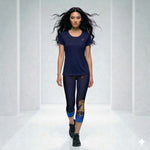 Load image into Gallery viewer, Model wearing Lunar Legends Year of the Horse women's pickleball outfit featuring a dark blue-purple athletic shirt and matching zodiac horse pickleball capris by SKYblue Pickleball.
