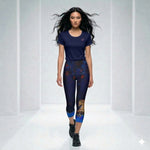 Load image into Gallery viewer, Model wearing Lunar Legends Year of the Horse women's pickleball outfit featuring a dark blue-purple athletic shirt and matching zodiac horse pickleball capris by SKYblue Pickleball
