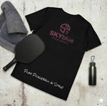 Load image into Gallery viewer, back view of skyblue pickleball mens black performance athletic shirt with skyblue pickleball logo and play pickleball in style slogan
