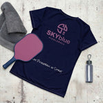 Load image into Gallery viewer, Back view of SKYblue Pickleball women's athletic performance shirt in Grim Reaper dark blue-purple color with SKYblue Pickleball logo and slogan Play Pickleball in Style
