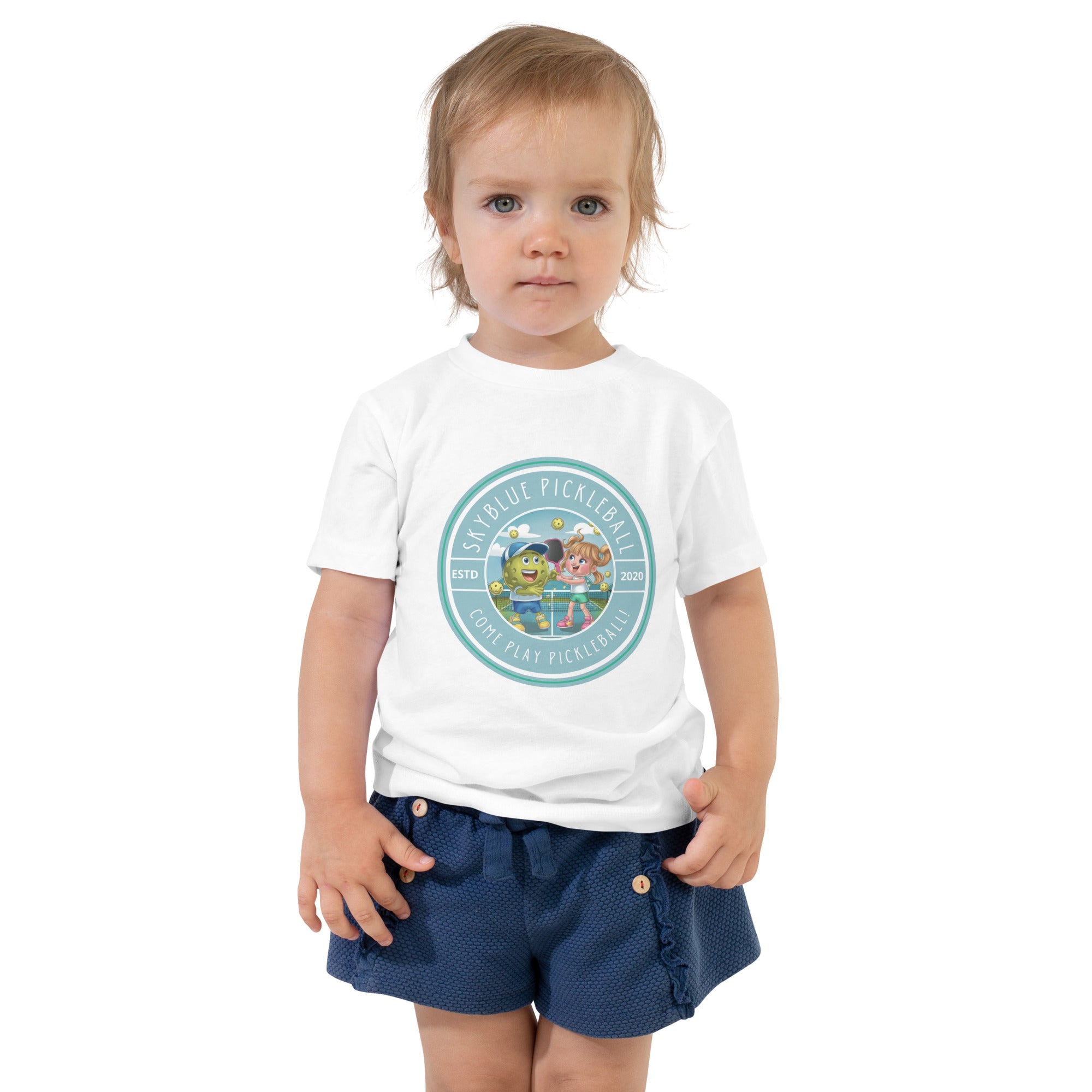 Pico and Flicka Green Medallion Short Sleeve Toddler Shirt – "Come Play Pickleball" with two dynamic players on the court!