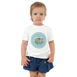 Load image into Gallery viewer, Pico and Flicka Green Medallion Short Sleeve Toddler Shirt – &quot;Come Play Pickleball&quot; with two dynamic players on the court!
