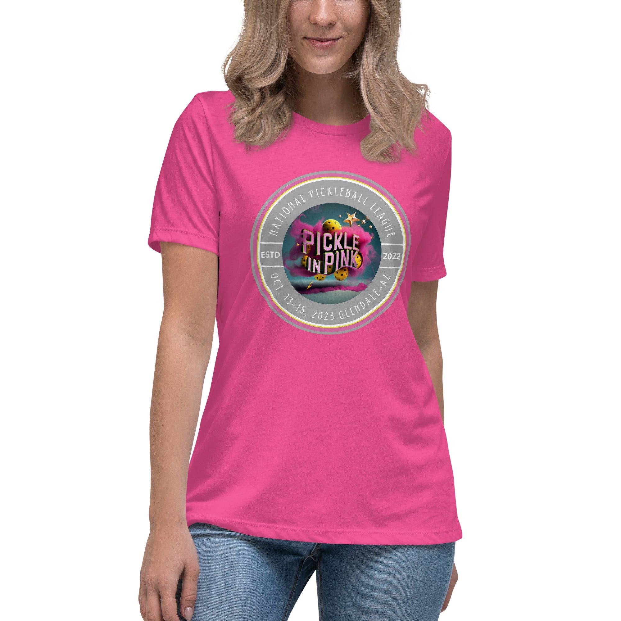 NPL™ "Pickle in Pink" Basic Cotton Women's Short Sleeve Shirt - A Splash of Pink for Pickleball Lovers! - Berry