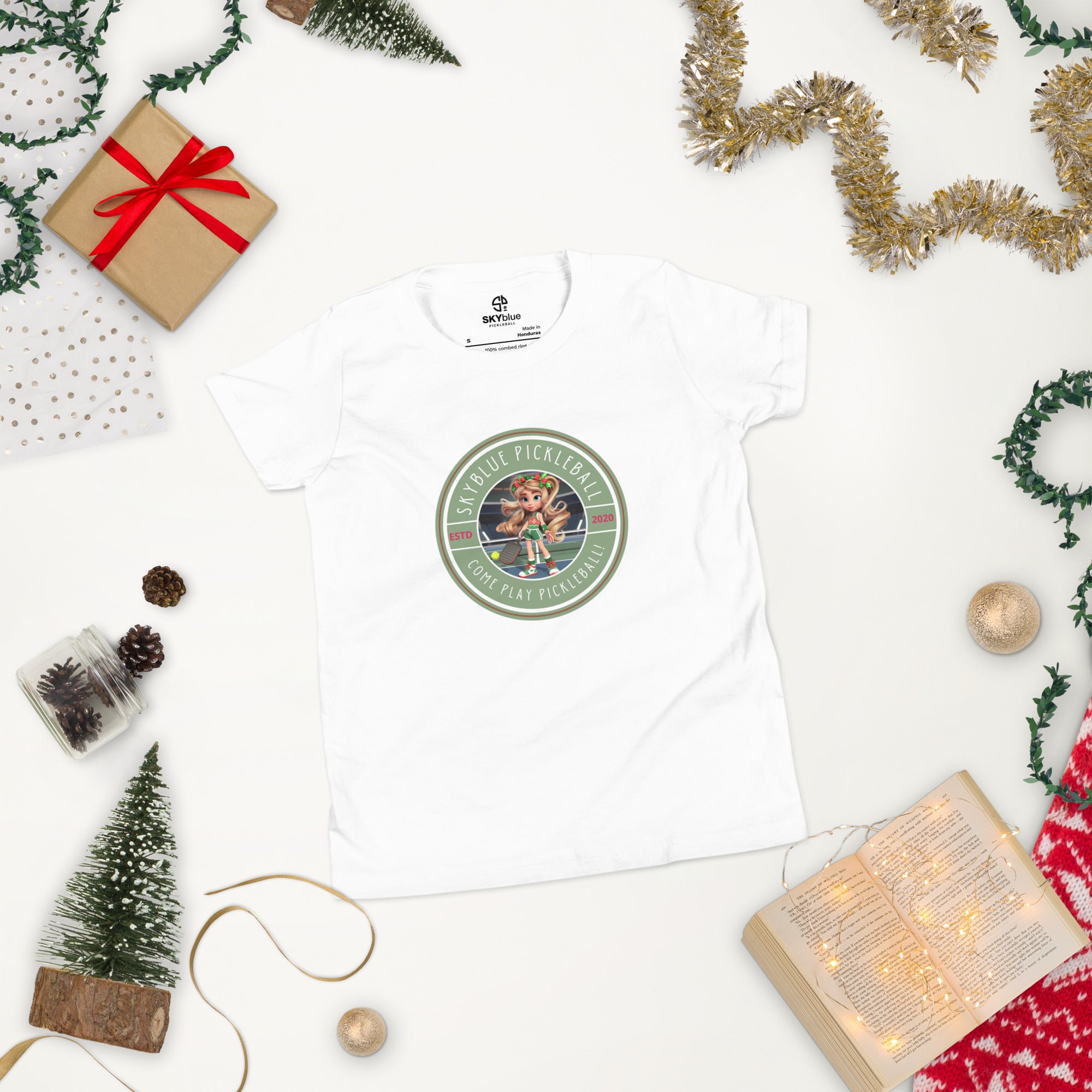 Twinkle Twist White Short Sleeve Youth T-Shirt – the perfect holiday tee for young pickleball players who love to dazzle on the court!