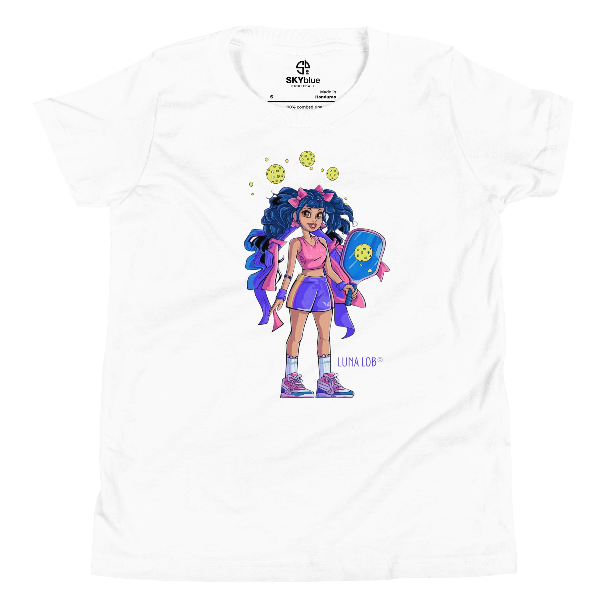 Luna Lob White Short Sleeve Youth T-Shirt – perfect for young pickleball players with a love for the game!