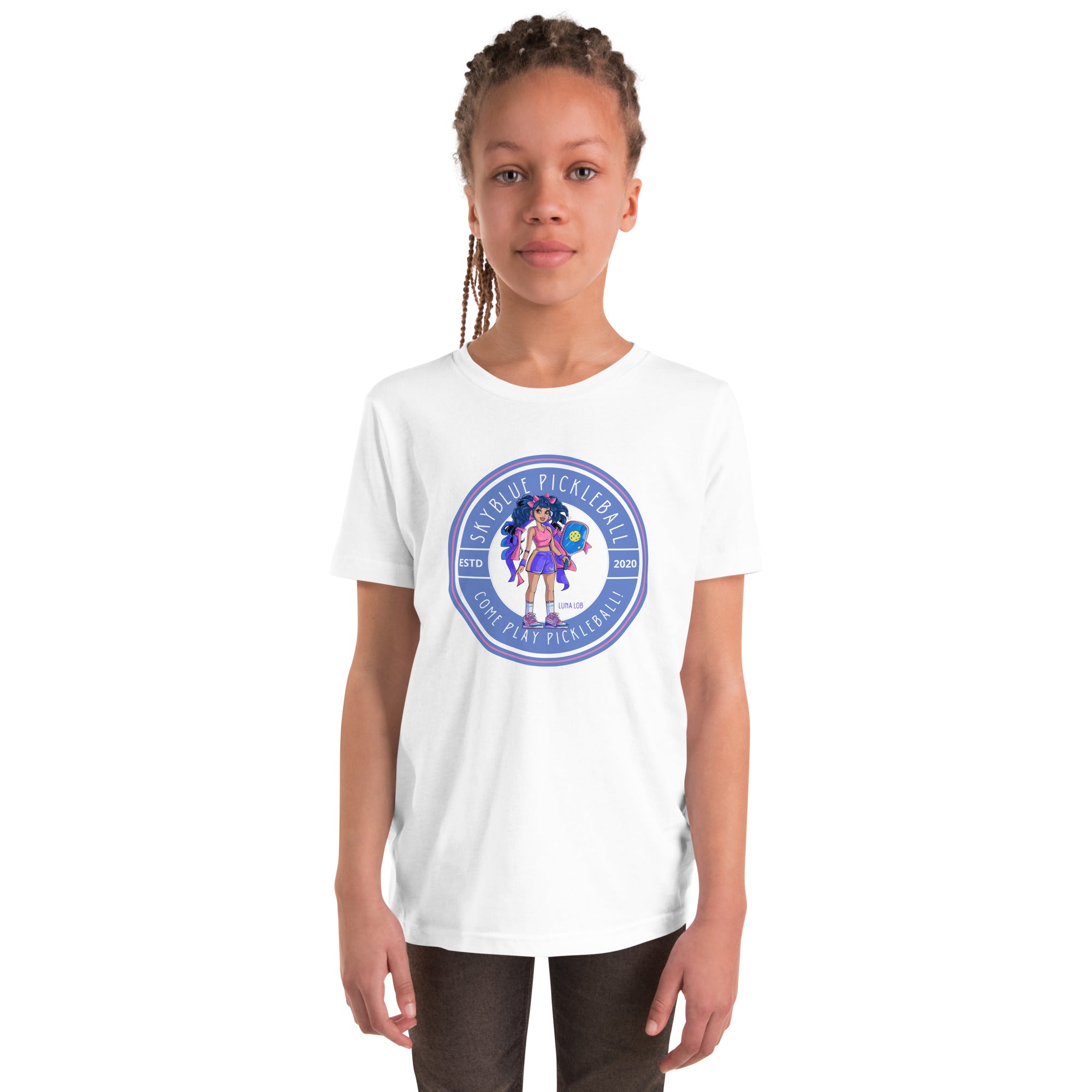 Luna Lob White Short Sleeve Youth T-Shirt – the perfect tee for young pickleball players who are ready to say, "Come Play Pickleball"!