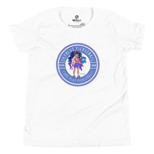 Luna Lob White Short Sleeve Youth T-Shirt – the perfect tee for young pickleball players who are ready to say, "Come Play Pickleball"!