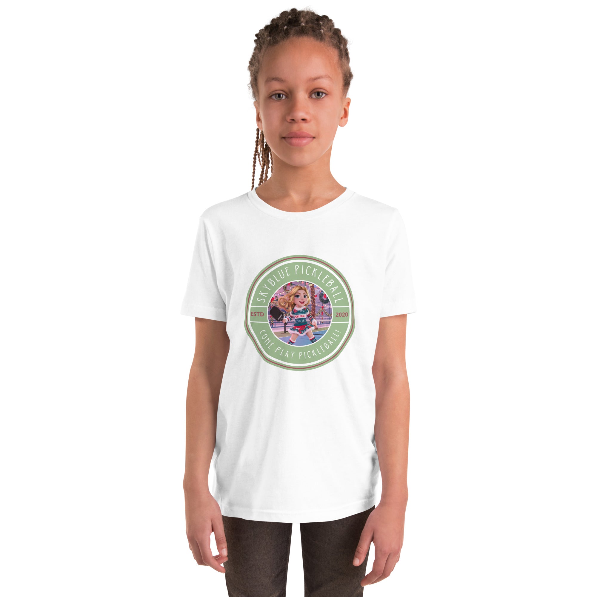 Misty Volley White Short Sleeve Youth T-Shirt – the perfect shirt for young pickleball players who love skill and precision!