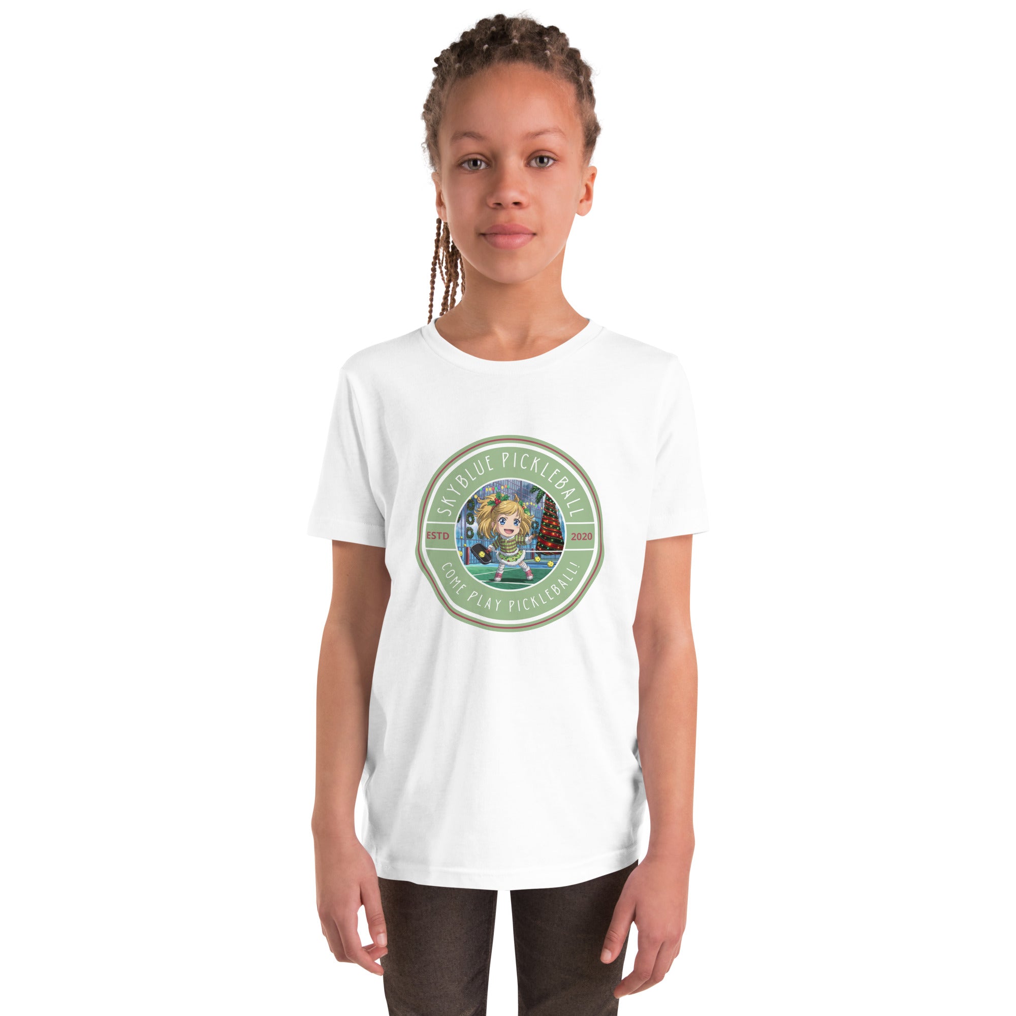 Noelle Bounce White Short Sleeve Youth T-Shirt – the perfect holiday-themed pickleball tee for young players