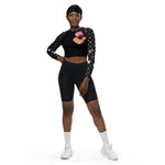 Load image into Gallery viewer, Ball On! aka Spring Dink Logo© Black, White, Golden Yellow, Beetroot Purple, Prism Violet, &amp; Wood Violet Women&#39;s Performance Recycled long-sleeve crop top, UPF 50+
