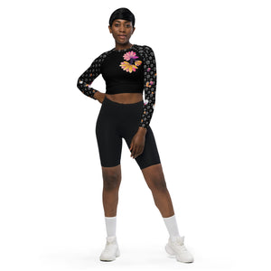 Ball On! aka Spring Dink Logo© Black, White, Golden Yellow, Beetroot Purple, Prism Violet, & Wood Violet Women's Performance Recycled long-sleeve crop top, UPF 50+