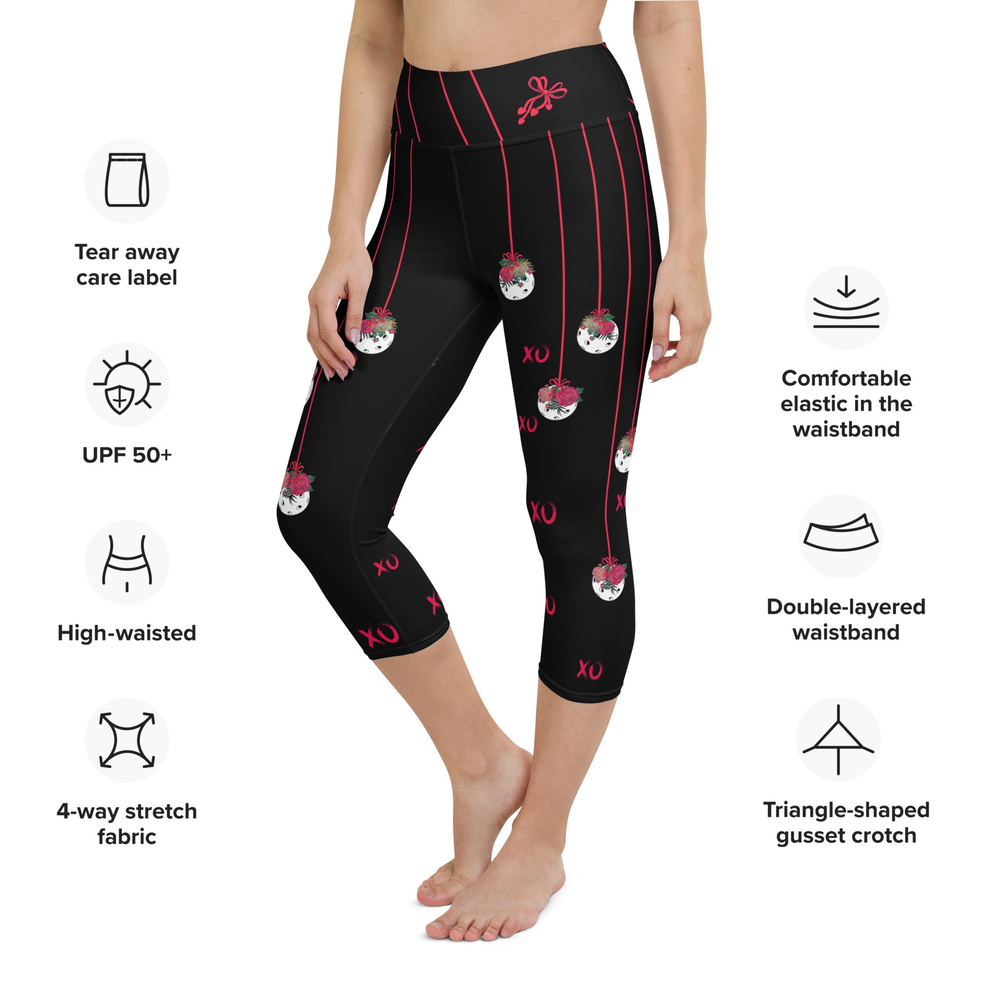 Be my Valentine! XO© 2.0 High Waisted Women's Pickleball Capris, UPF 50+, Black