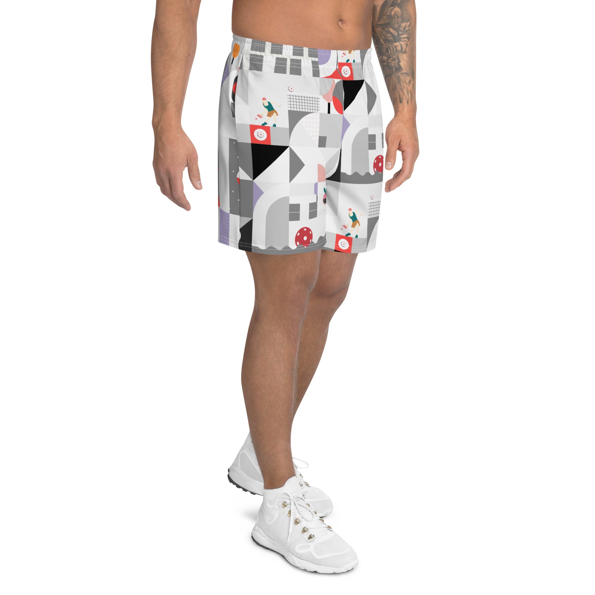 Dink & Drive under the Sun© Shades of Gray, Verdigris, Lavender & Red Men's Long Casual Shorts for Pickleball Enthusiasts