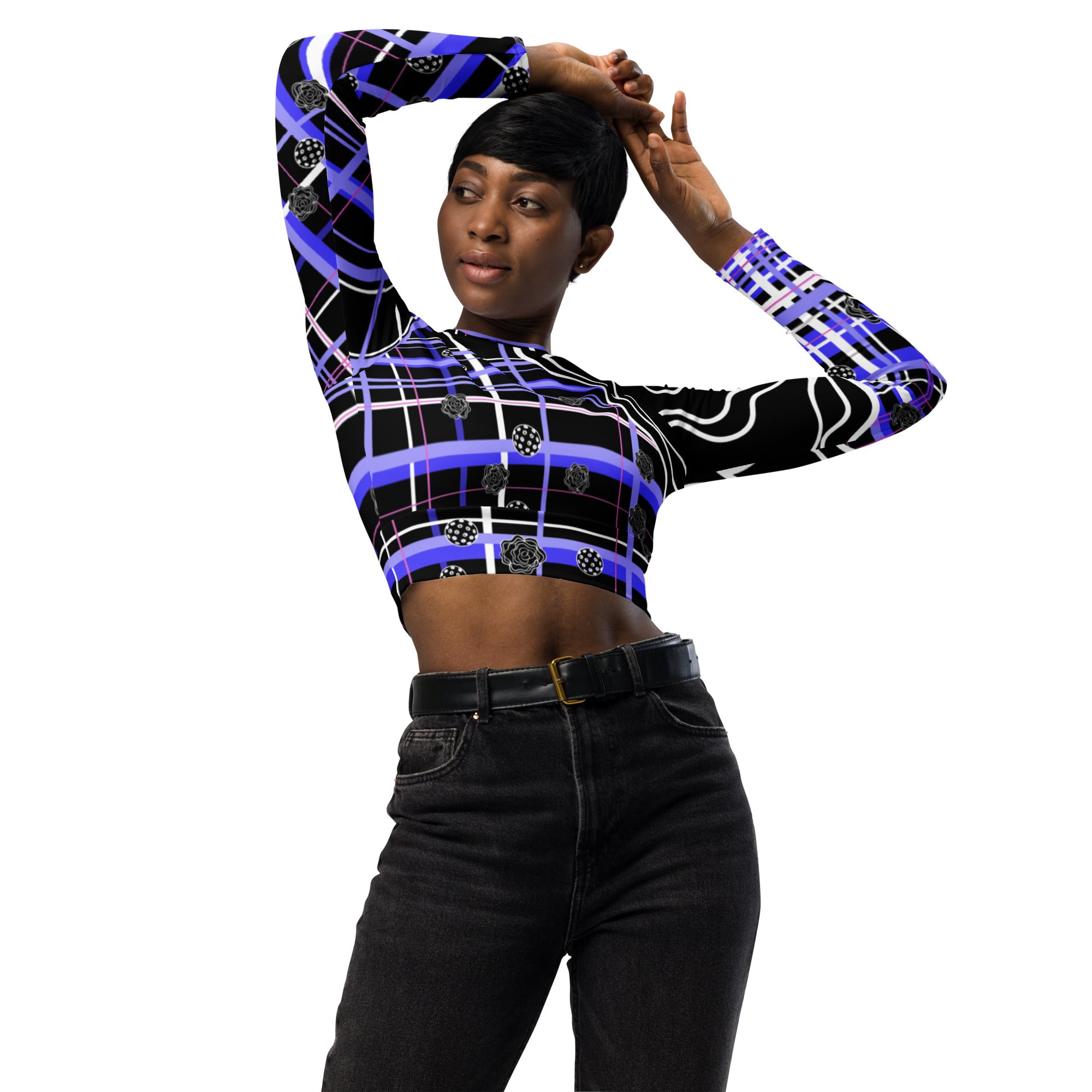 Fleur! -  Got Pla(yed)id© Black, White, Blue & Pink Recycled long-sleeve crop top, UPF 50+