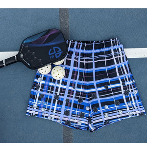 Got Pla(yed)id© Black, White, Blue & Fuchsia Men's Long Casual Shorts for Pickleball Enthusiasts