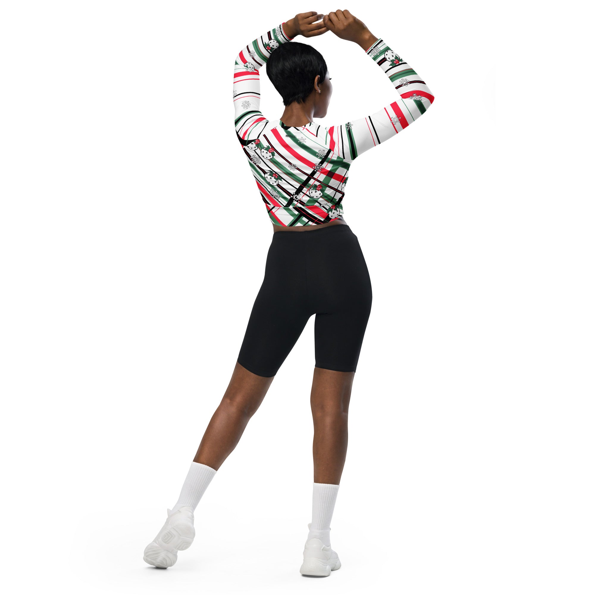 Got Pla(yed)id© Holly Pickleball© Women's Long Sleeve Crop Top in Red, White & Green - Perfect for Pickleball Enthusiasts