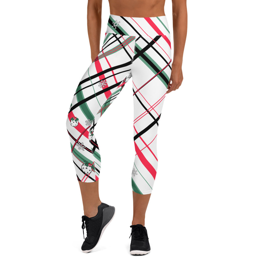 Got Pla(yed)id© Holly Pickleball© Red, Green, Black & White  Women's High-Waisted Pickleball Capri Leggings, UPF 50+