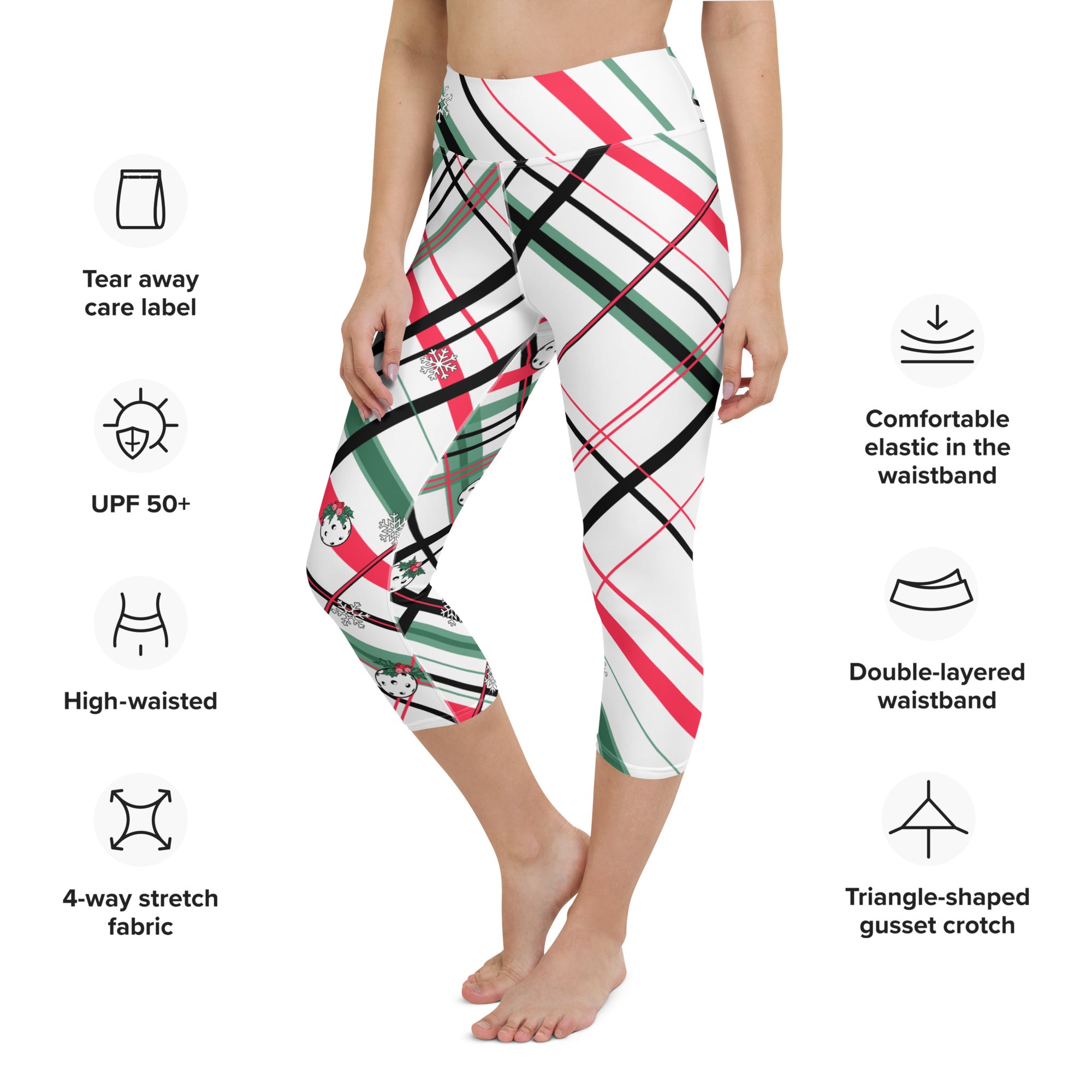 Got Pla(yed)id© Holly Pickleball© Red, Green, Black & White  Women's High-Waisted Pickleball Capri Leggings, UPF 50+