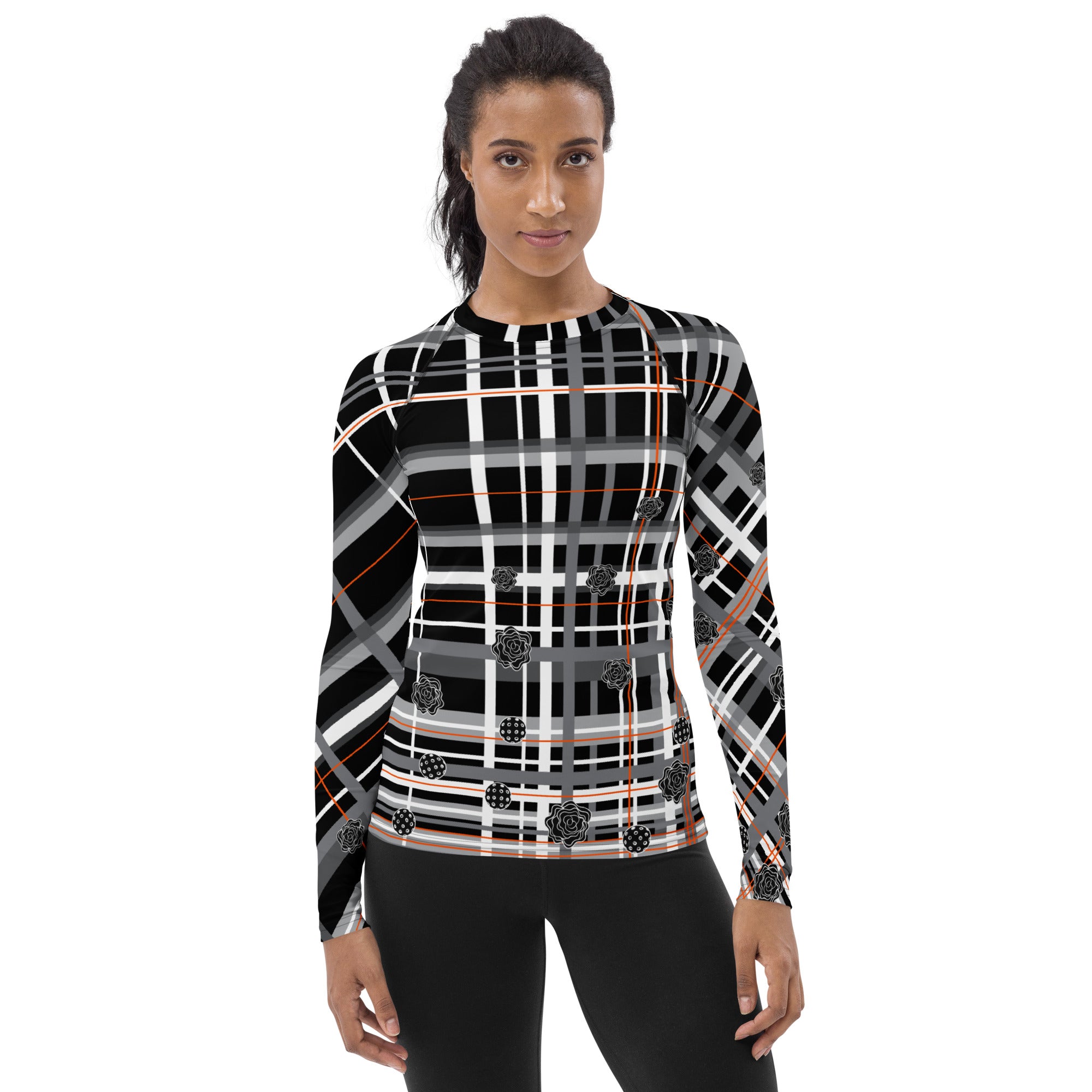 Got Pla(yed)id© Black, Tangelo & 15 Shades of Gray Women's Performance Long Sleeve Shirt for Pickleball Enthusiasts, UPF 50+