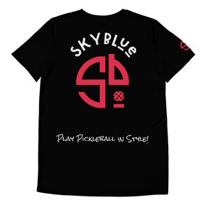Play Pickleball in Style! SKYblue™ Black Men's Performance Athletic Short Sleeve Shirt w/MaxDri & MicroBlok w/red & white fonts