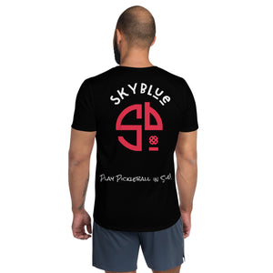 Play Pickleball in Style! SKYblue™ Black Men's Performance Athletic Short Sleeve Shirt w/MaxDri & MicroBlok w/red & white fonts