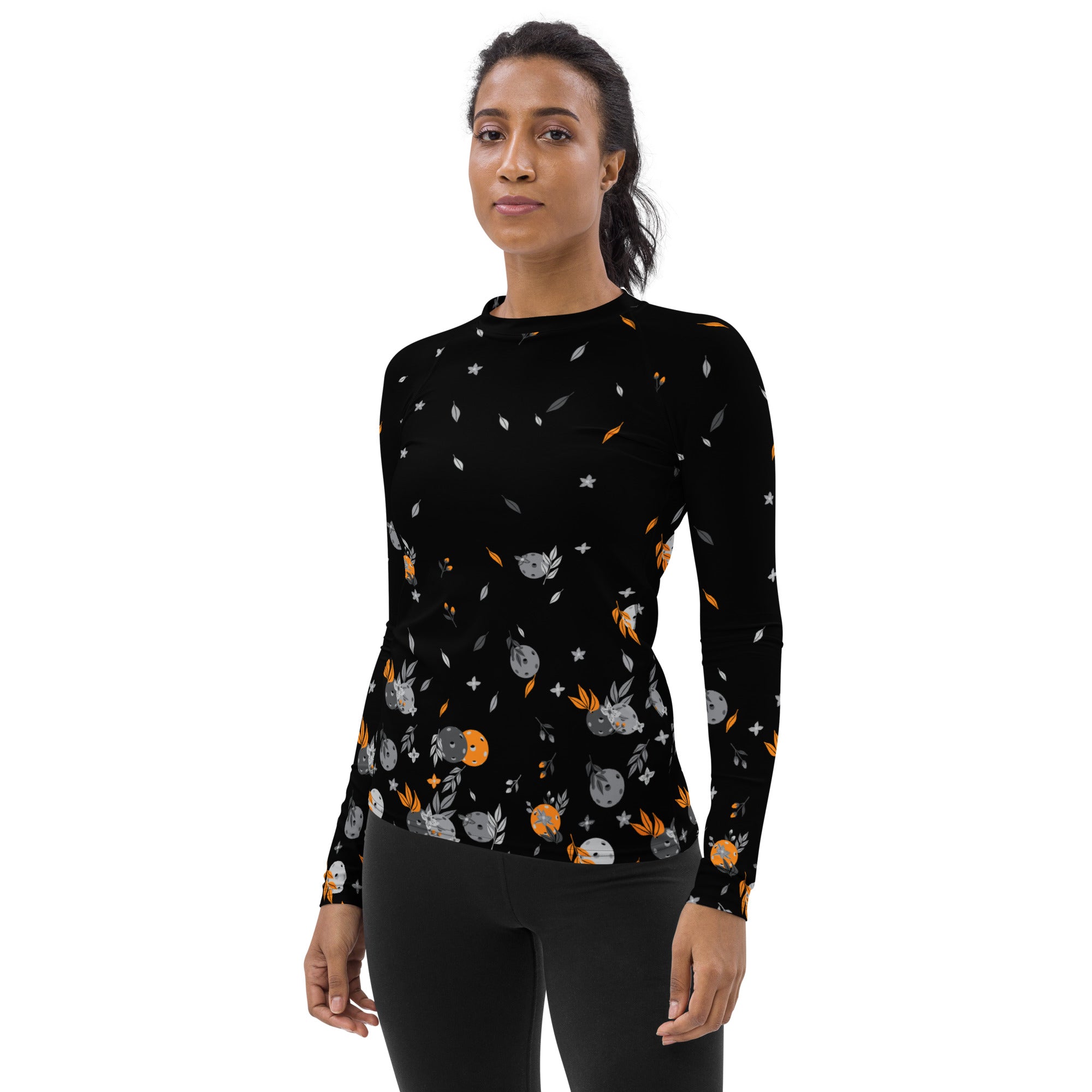 Spring Dink Gradient© Black, 15 Shades of Gray & Orange, Women's Performance Long Sleeve Shirt for Pickleball Enthusiasts, UPF 50+