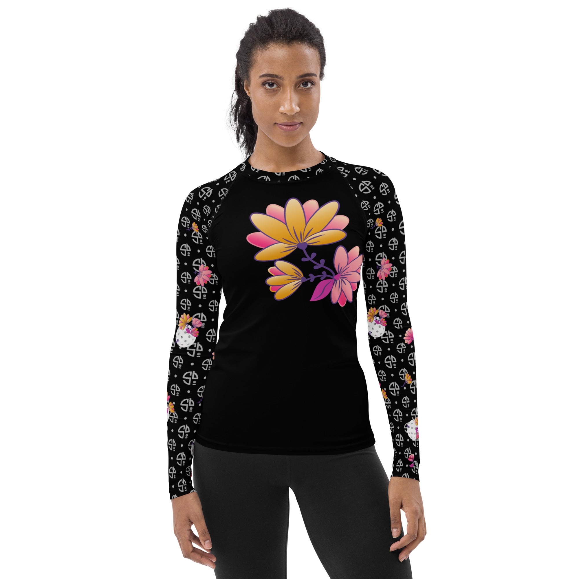 Spring Dink Logo© Ball On! Black, White, Golden Yellow, Beetroot Purple, Prism Violet, & Wood Violet Women's Performance Long Sleeve Shirt for Pickleball Enthusiasts, UPF 50+