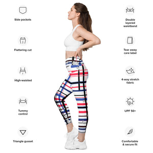 Got Pla(yed)id© Red, White & Blue High-Waisted Pickleball Performance Leggings with pockets, UPF 50+