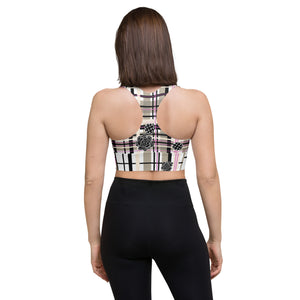 Got Pla(yed)id© Beige & Black Women's Compression Racerback Sports Bra for Pickleball Enthusiasts