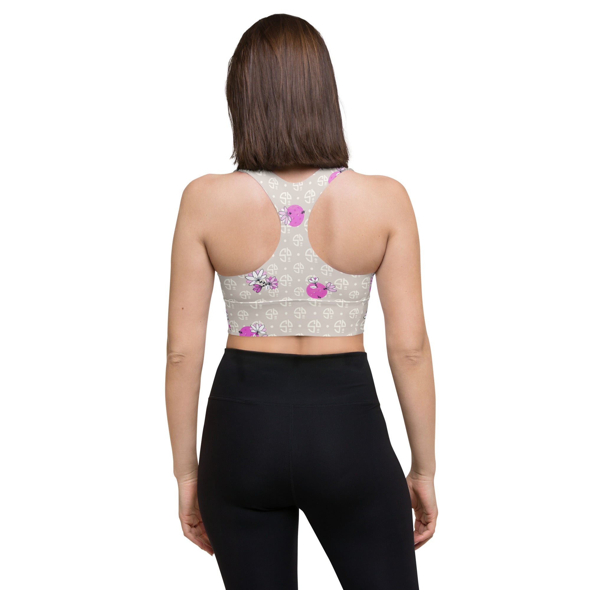 Spring Dink Logo© Beige & Fuchsia Women's Compression Racerback Sports Bra for Pickleball Enthusiasts