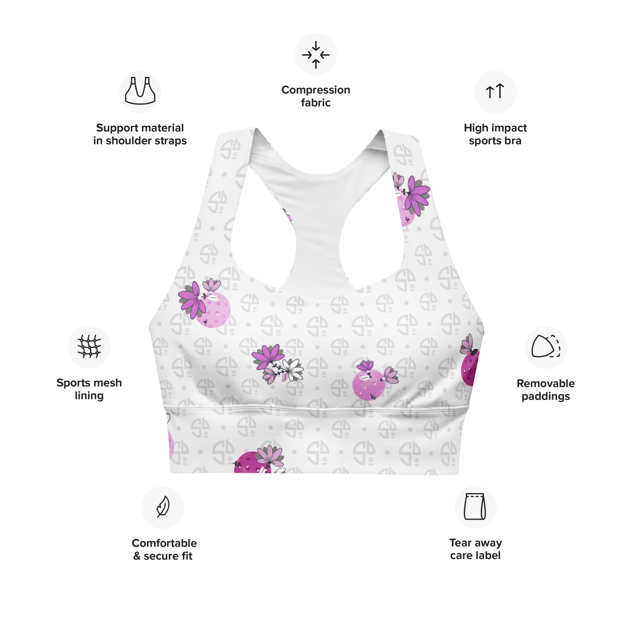 Spring Dink Logo© Grey & Fuchsia Women's Compression Racerback Sports Bra for Pickleball Enthusiasts