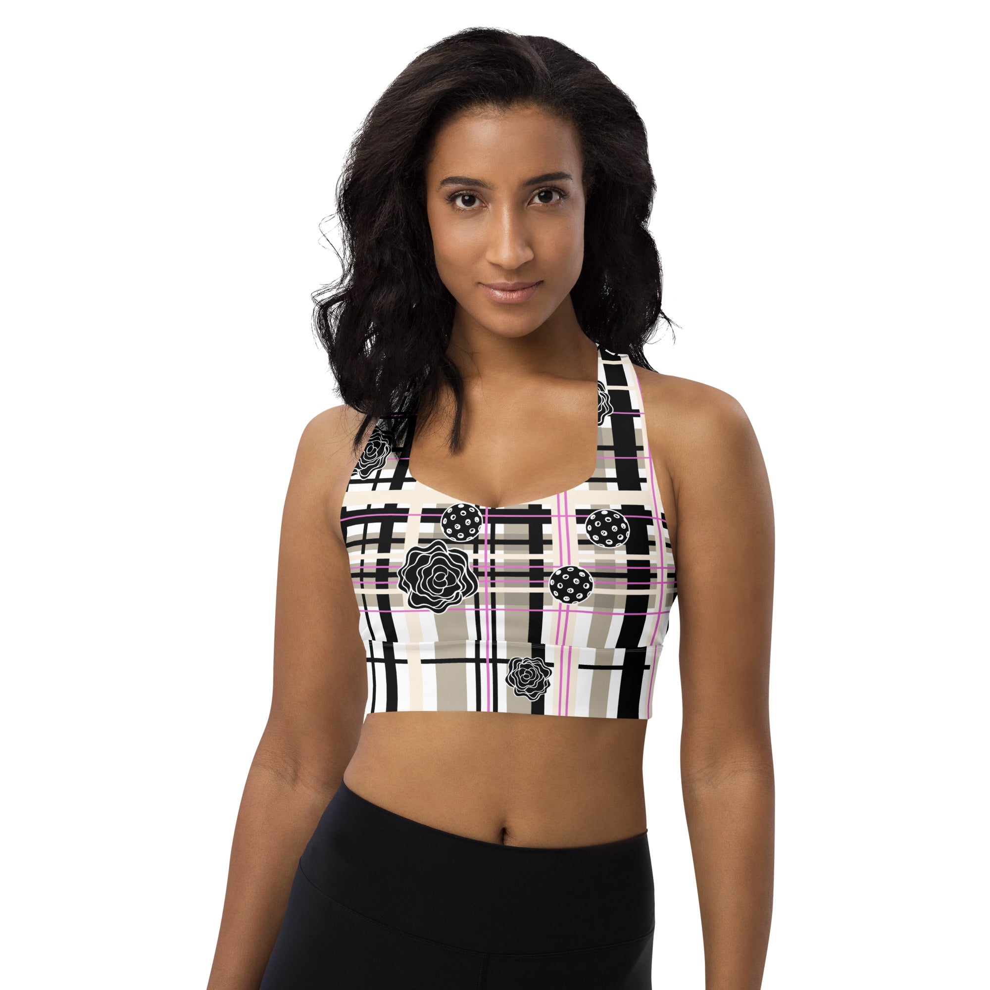 Got Pla(yed)id© Beige & Black Women's Compression Racerback Sports Bra for Pickleball Enthusiasts