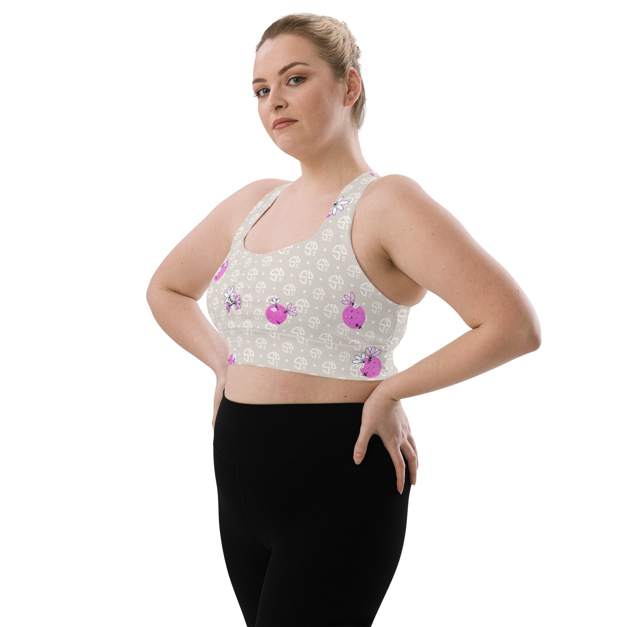 Spring Dink Logo© Beige & Fuchsia Women's Compression Racerback Sports Bra for Pickleball Enthusiasts