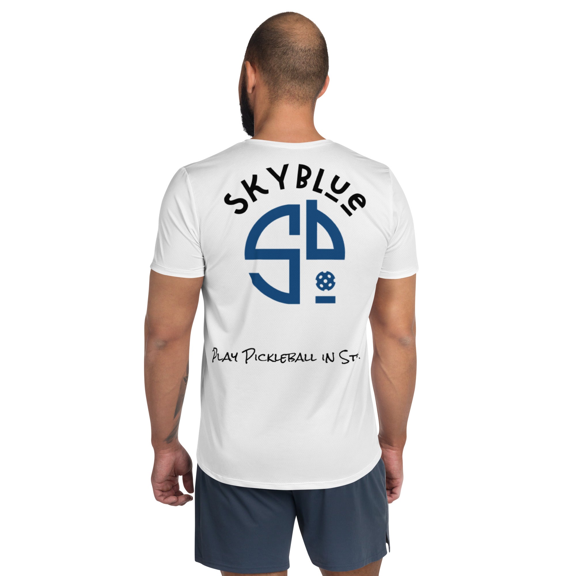 White - Play Pickleball in Style! SKYblue™ Men's Performance Athletic Short Sleeve Shirt w/MaxDri & MicroBlok to compliment the Dink & Drive under the Sun Summertime©