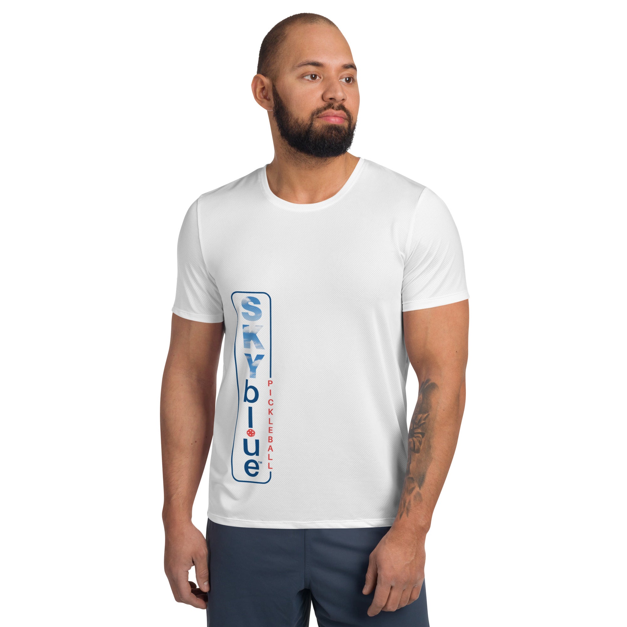 White - Play Pickleball in Style! SKYblue™ Men's Performance Athletic Short Sleeve Shirt w/MaxDri & MicroBlok to compliment the Dink & Drive under the Sun Summertime©