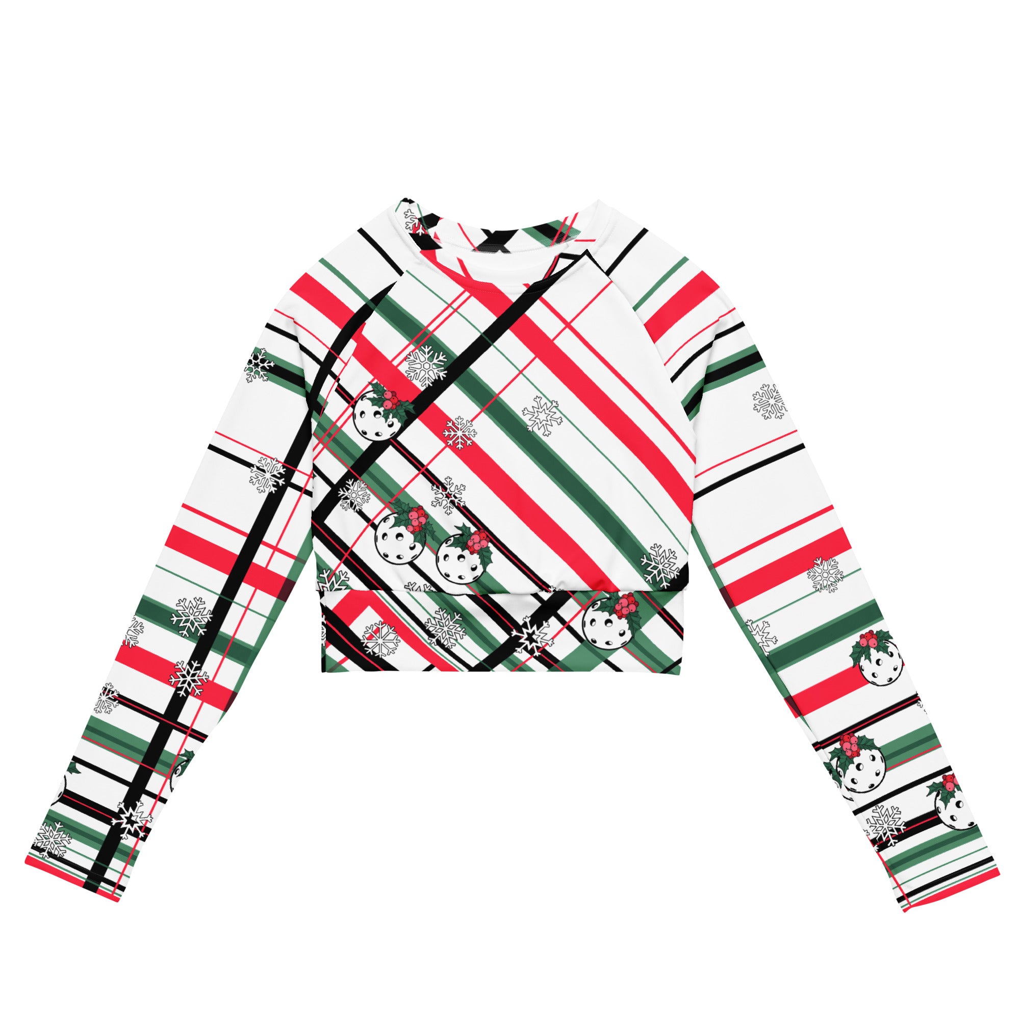 Got Pla(yed)id© Holly Pickleball© Women's Long Sleeve Crop Top in Red, White & Green - Perfect for Pickleball Enthusiasts