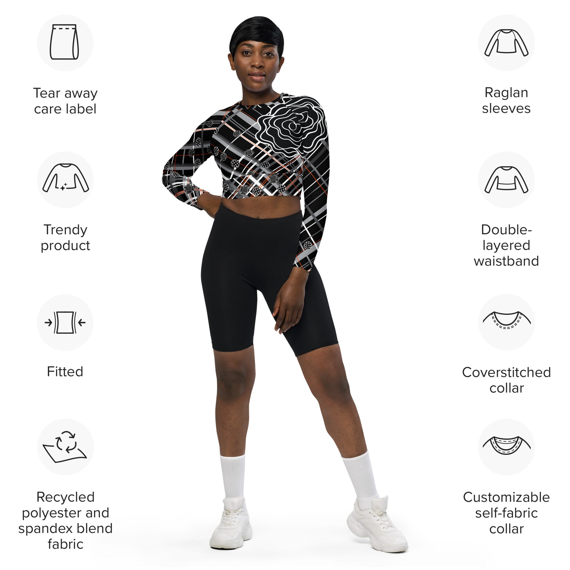 Got Pla(yed)id© Fleur Black, White, Gray & Tangelo Women's Performance Recycled long-sleeve crop top, UPF 50+