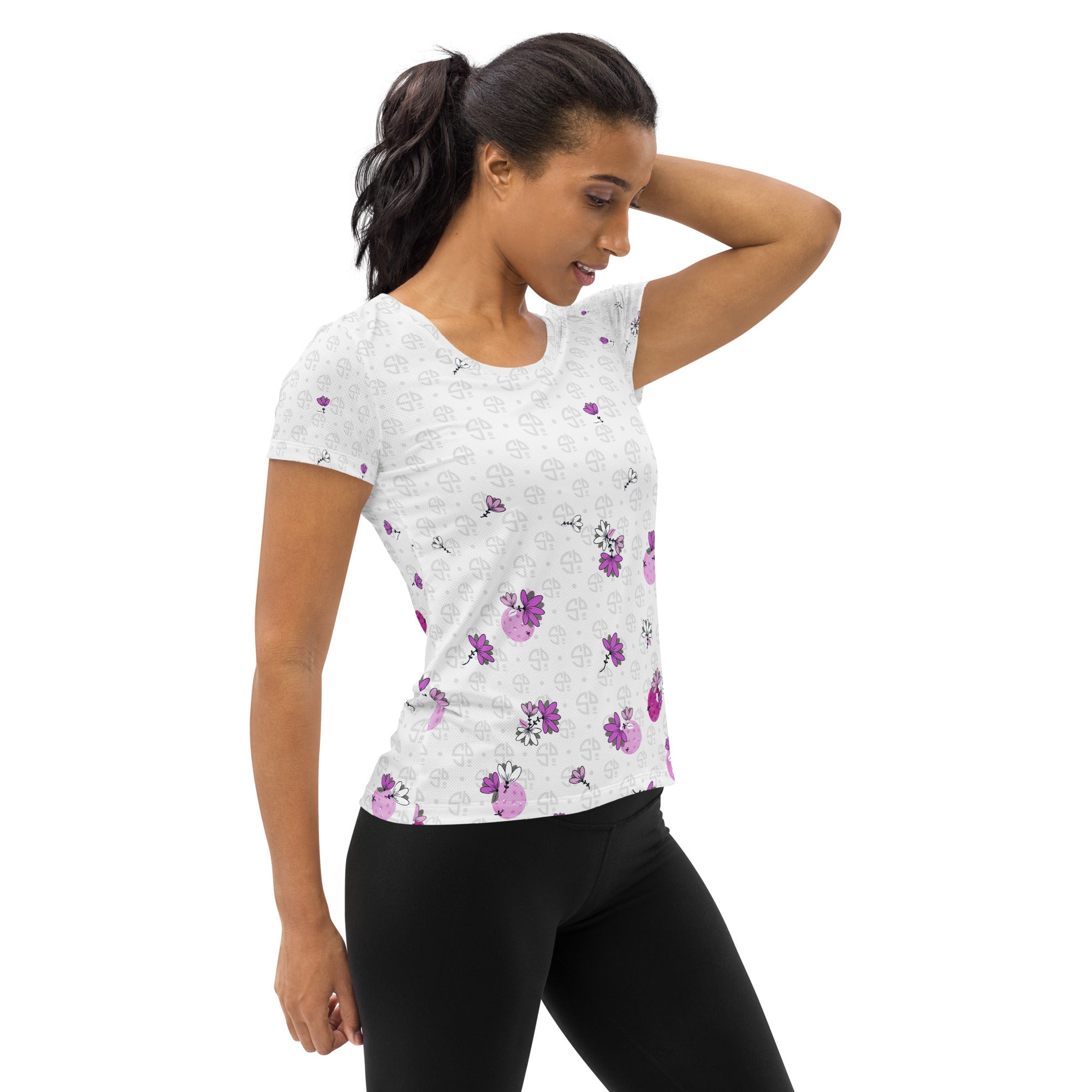 Spring Dink Logo© Gradient Grey & Fuchsia Women's Performance Athletic T-shirt for Pickleball Enthusiasts