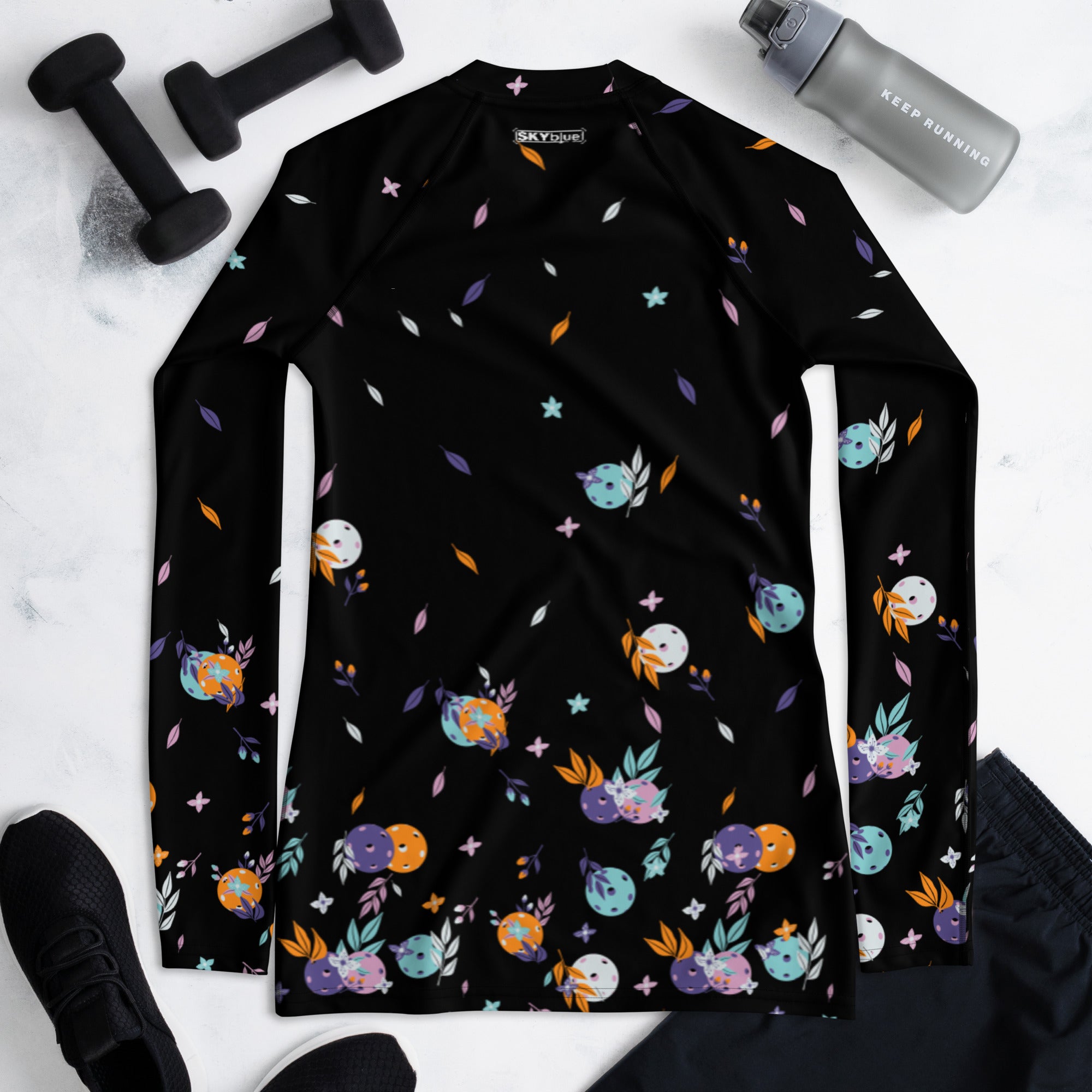 "La Vie en Noir du Pickleball" Spring Dink Gradient© Black, Orange, White, Aqua & Purple Women's Performance Long Sleeve Shirt for Pickleball Enthusiasts, UPF 50+