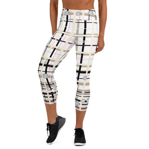 Got Pla(yed)id© Beige & White Women's High-Waisted Pickleball Capris, UPF 50+