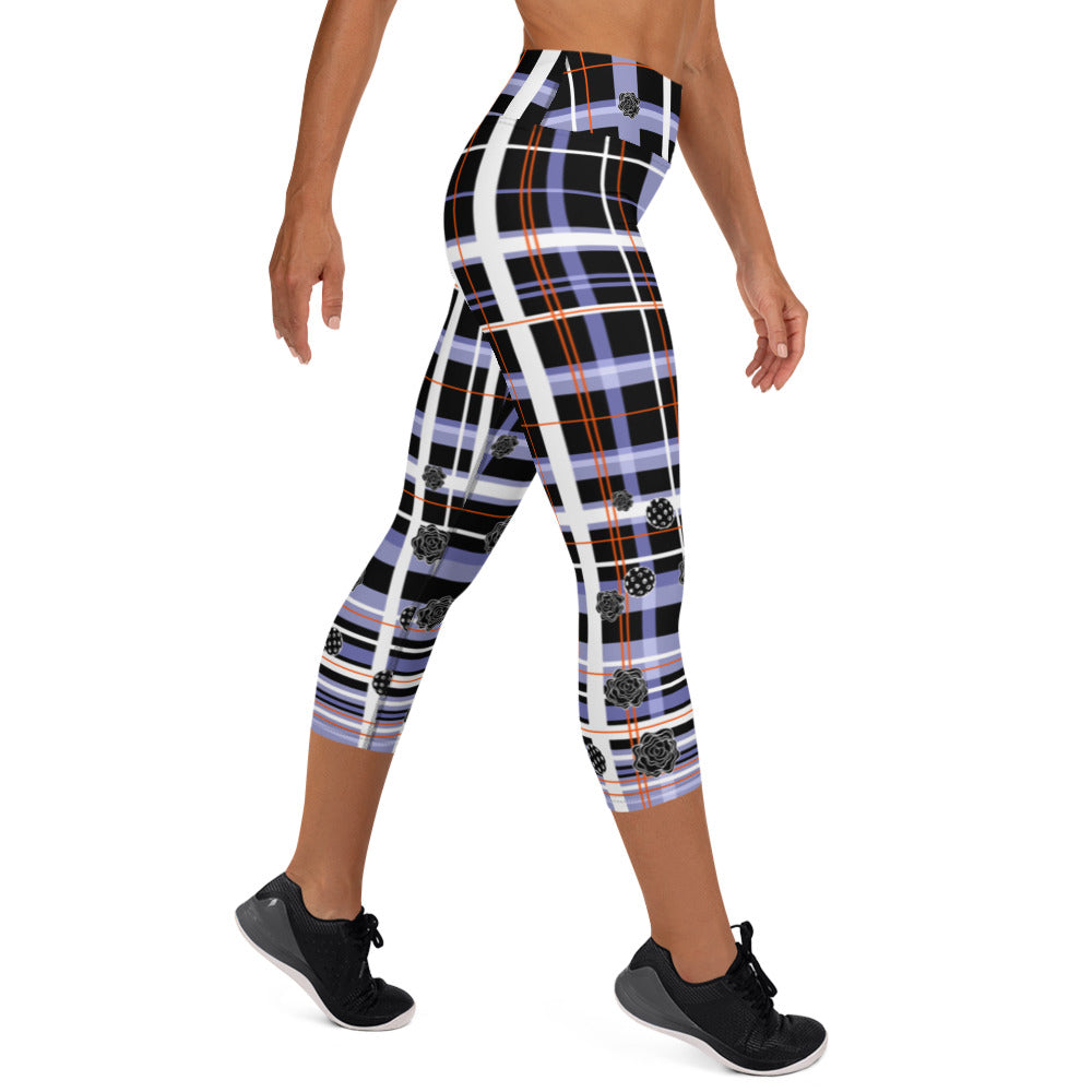 Got Pla(yed)id© "Very Peri" Black, White, & Tangelo Women's High-Waisted Pickleball Capris, UPF 50+