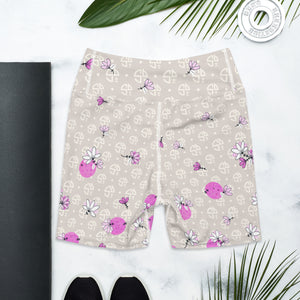 Spring Dink Logo© Beige & Fuchsia Women's High-Waisted Pickleball Shorts, UPF 50+
